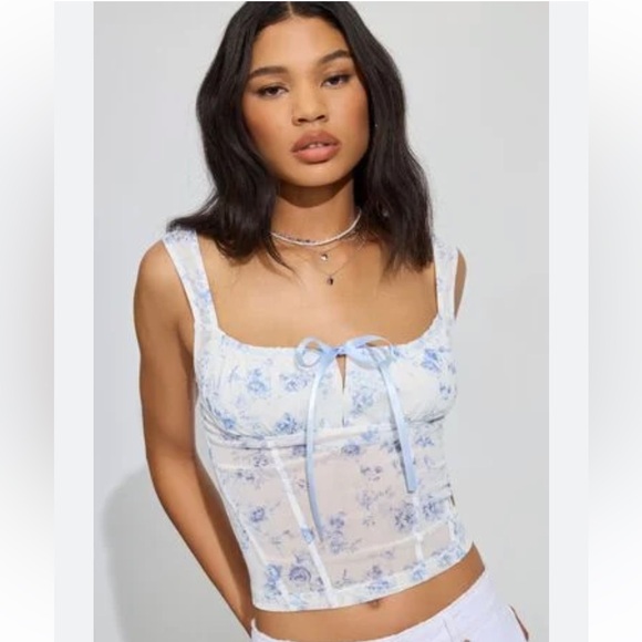 Garage Romantic Floral Blue white mesh bustier camisole corset top.  NWT size XS - Picture 1 of 8